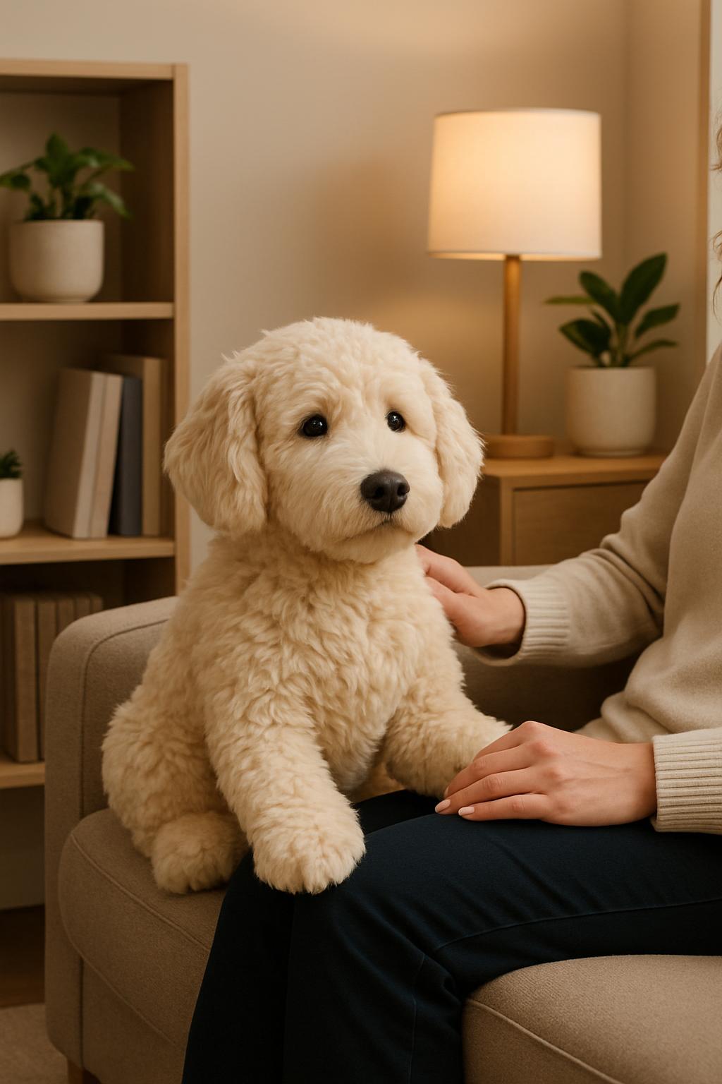 A small white dog sitting on a person's lap in front of a beige armchair, with a lamp, shelves and a plant in the background.